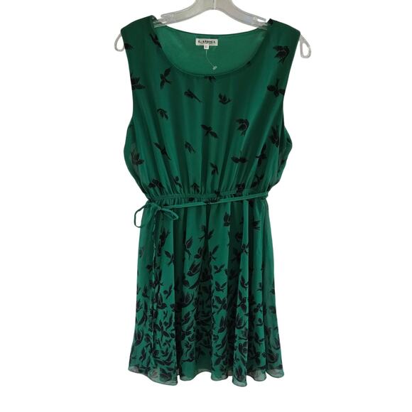 Emerald Green Sheer Chiffon Blouson Dress Sleeveless Tie Belt Midi Flowy Boho M - Picture 1 of 8